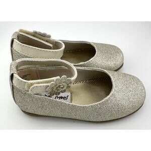 Rachel Shoes Gold Sparkle Ankle Strap Flats Dress Flower Toddler Size 7 NWOB